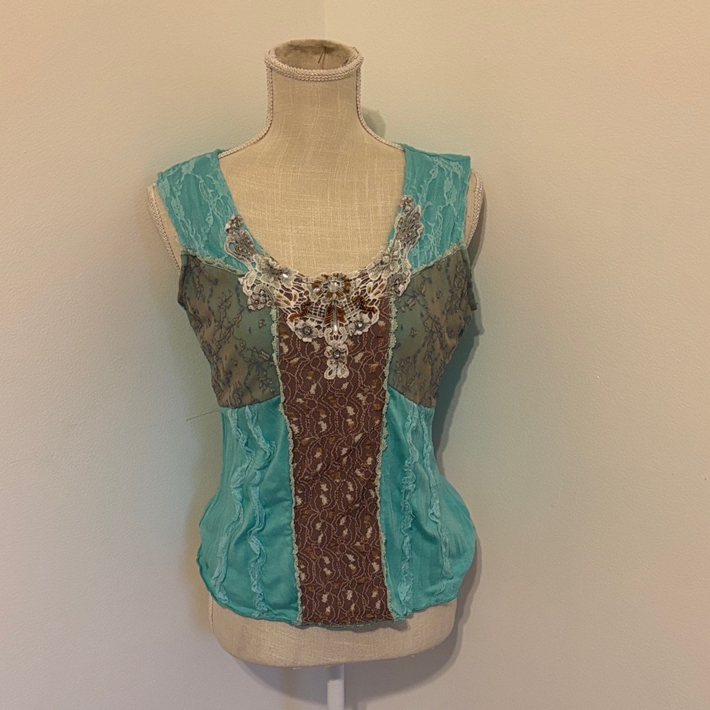Young Essence Y2K Patchwork Tank Top | teal and paisley | size M
